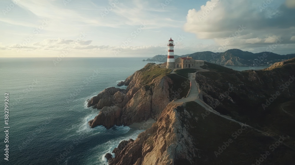 Lighthouse on Rocky Coastline Overlooking Ocean at Sunrise Serene Coastal View