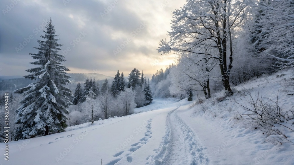 Snow-covered hiking trail in winter Snow-covered hiking trail in winter