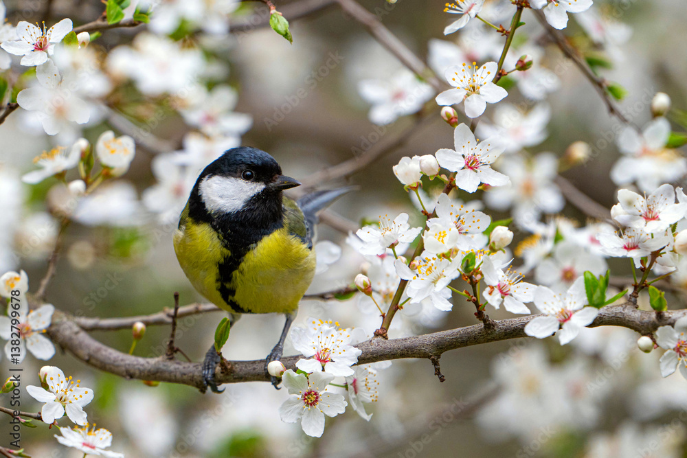 Fototapeta premium Great Tit Parus major Perched in Blossoming Branches tree.