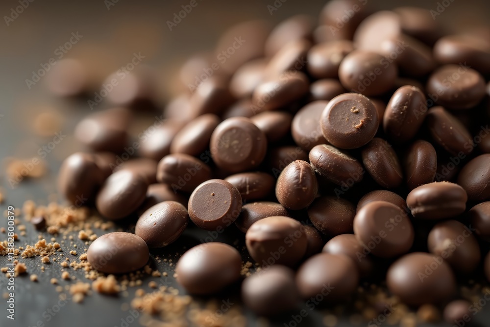 Close-up of chocolate chip morsels, perfect for baking recipes, delicious, isolated, food Close-up of chocolate chip morsels, perfect for baking recipes, delicious, isolated, food