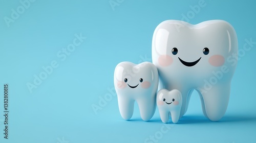 A cheerful illustration of a happy tooth family, set against a bright blue background, exuding a fun and friendly vibe.