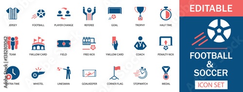 Football Soccer Icon Set  Editable football and soccer icon set featuring jerseys, referees, trophies, penalty kicks, goalkeepers, and more in a modern vector style.