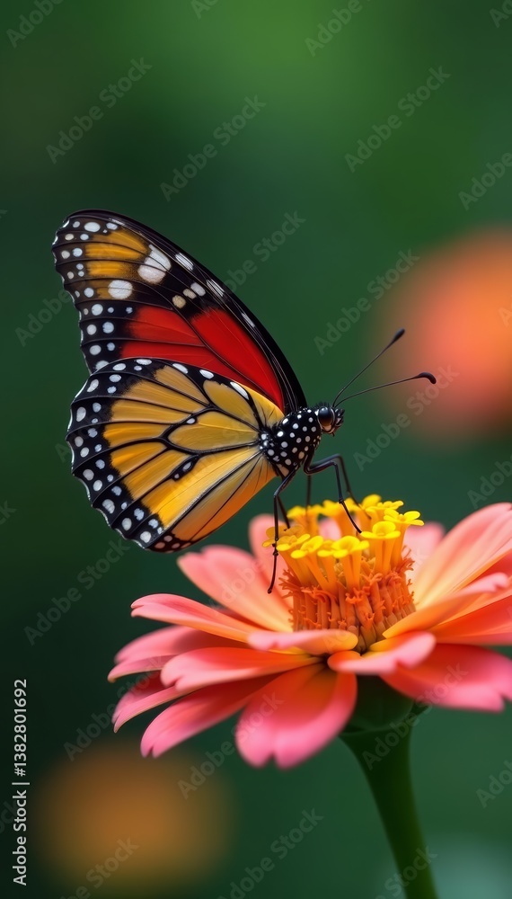 Fototapeta premium Close up of colorful butterfly perched on vibrant flower at park, park, flower, pollination