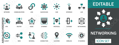 Networking Icon Set Modern networking icon set featuring symbols for network, communication, blockchain, LAN, VPN, router, protocol, gateway, node, Ethernet, wireless, and more.