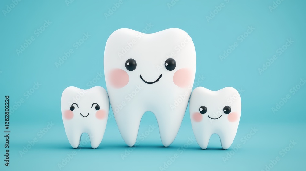 Fototapeta premium A cheerful illustration of a happy tooth family, set against a bright blue background, exuding a fun and friendly vibe.