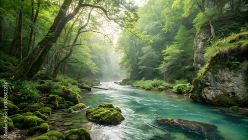 Flowing River Stream with Waterfall in Forest – Natural Landscape and Tranquil Creek