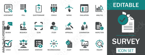 Survey Icon Set A modern survey icon set including assessment, poll, questionnaire, evaluation, research, and analysis. Ideal for data collection, business reports, and market research.