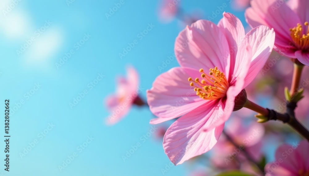 Fototapeta premium Close-up of delicate petals and fresh foliage against blue sky, beautiful, blue sky