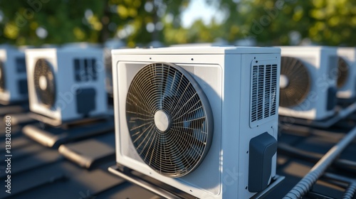 A large white commercial air conditioning system is installed on the roof of a building