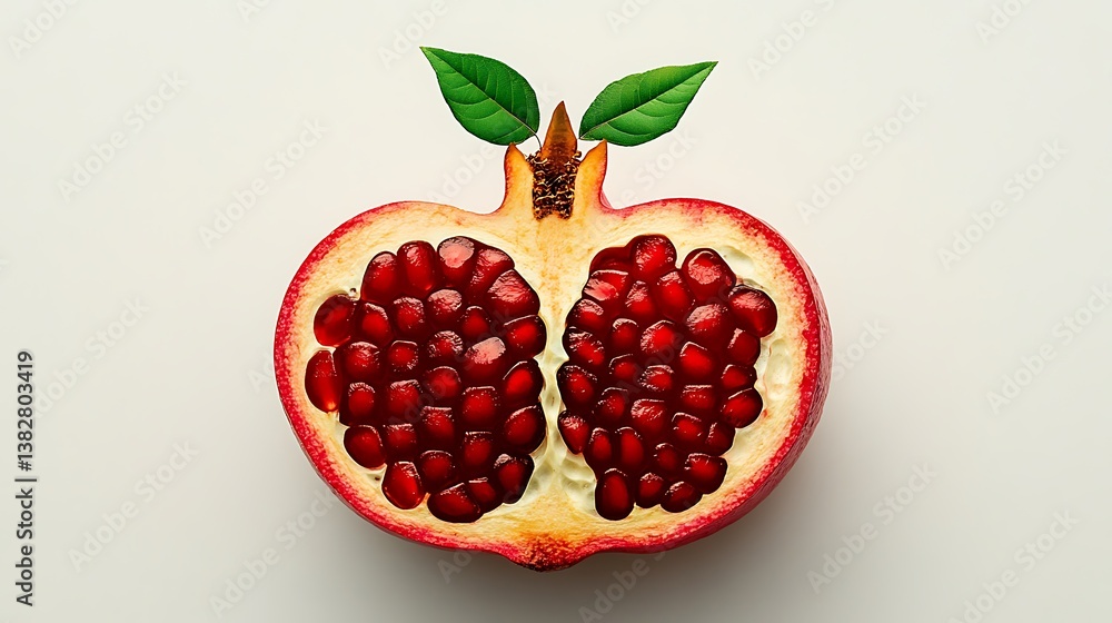 Juicy Pomegranate Halves with Vibrant Red Seeds, and White Background. Juicy Pomegranate Halves with Vibrant Red Seeds, and White Background.