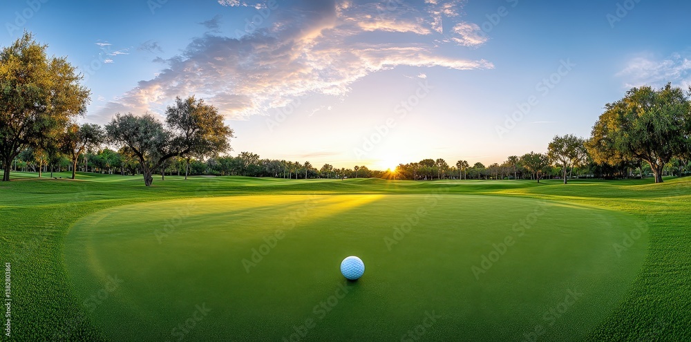 Fototapeta premium A serene golf course at sunset, featuring a golf ball on the green, surrounded by lush trees and a vibrant sky.