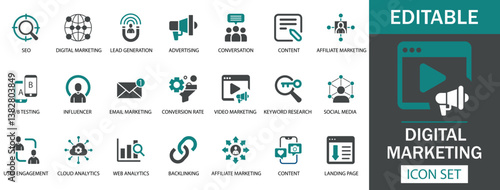 Digital Marketing Icon Set A modern digital marketing icon set featuring SEO, advertising, social media, influencer marketing, conversion, email marketing, keyword research, web analytics, and more.