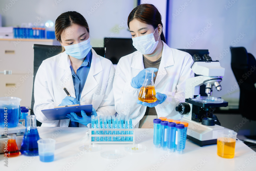 Fototapeta premium Young scientists conducting research investigations in a medical laboratory, a researcher in the foreground
