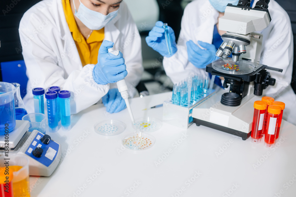 scientists in lab coats conducting research, handling glassware, and working with chemicals scientists in lab coats conducting research, handling glassware, and working with chemicals