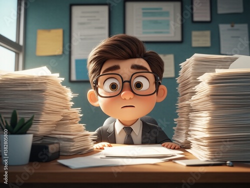 Cartoon employee manages paperwork stacks indoors overwhelmed