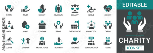 Charity Icon Set  Featuring charity, donation, support, community, equality, kindness, blood donation, humanity, and more. Perfect for NGOs, fundraisers, awareness campaigns, and social impact project