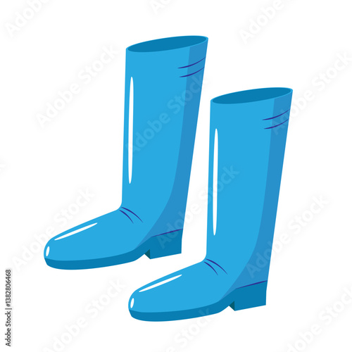 Blue rubber boots flat vector illustration isolated on white background. Waterproof shoes for working in garden and farm. Protective boots for rainy weather in spring and autumn.