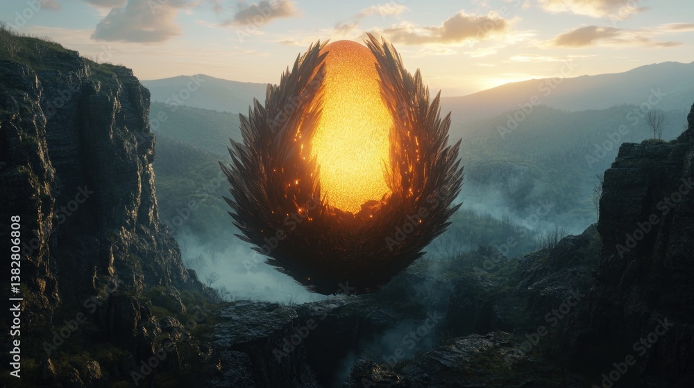 Abstract Glowing Sphere Floating Between Cliffs in Mountain Landscape