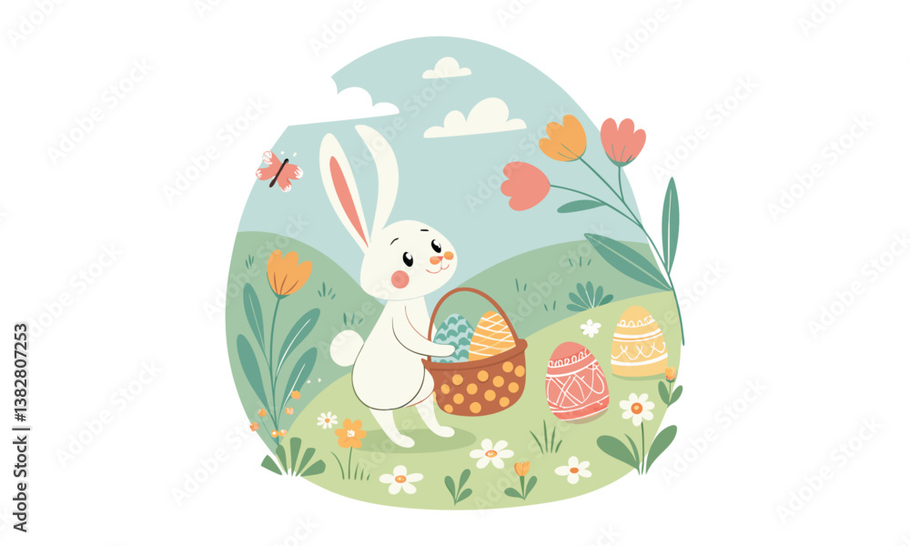Fototapeta premium Colorful Easter eggs surrounded by flowers in a spring garden setting, perfect for a holiday celebration or greeting card design