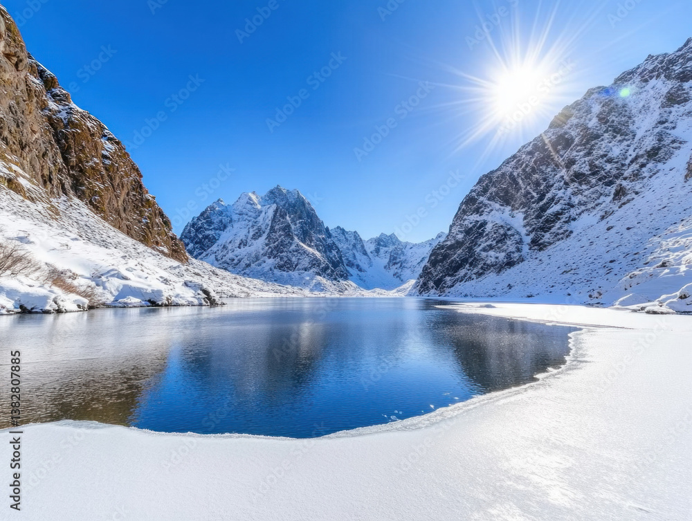 serene alpine lake reflecting snowy peaks under bright sun, surrounded by rugged mountains and clear blue sky serene alpine lake reflecting snowy peaks under bright sun, surrounded by rugged mountains and clear blue sky