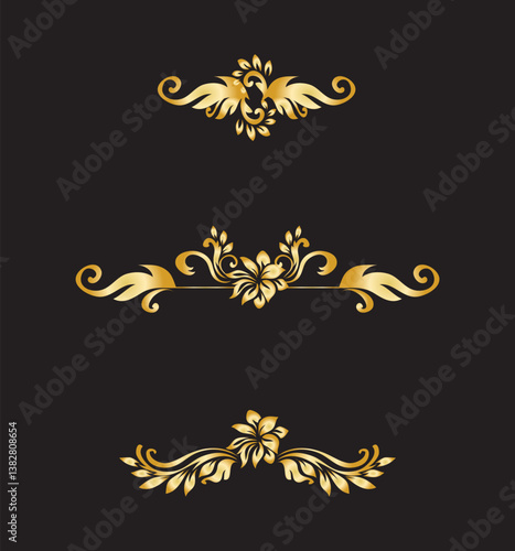 Golden calligraphic design elements on black background set