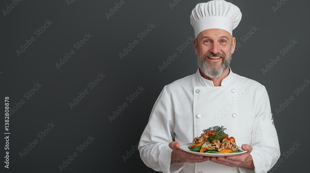 Elderly caucasian male chef holding a dish with vegetables and herbs Elderly caucasian male chef holding a dish with vegetables and herbs