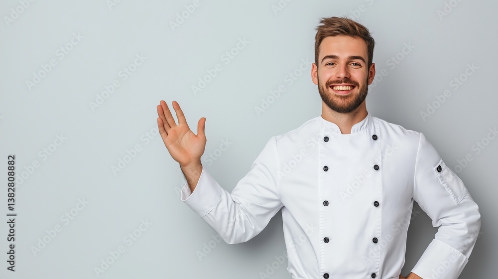 Smiling caucasian male chef in white uniform waving with friendly gesture Smiling caucasian male chef in white uniform waving with friendly gesture