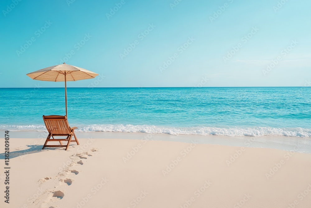 Serene beach scene with empty chair and umbrella by ocean shore Serene beach scene with empty chair and umbrella by ocean shore