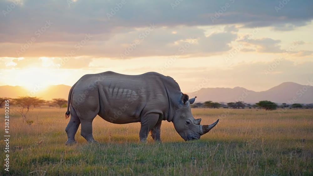 Fototapeta premium Sunset over African savannah with a large rhino walking in the grasslands.