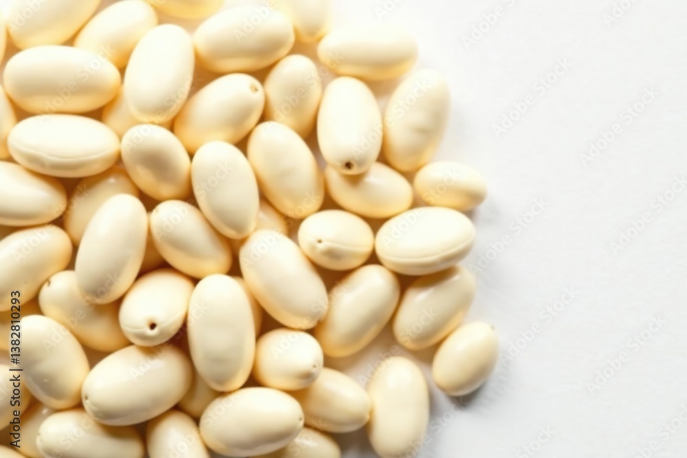Close-up of a pile of white beans against a bright white backdrop, culinary, bean pile, food styling Close-up of a pile of white beans against a bright white backdrop, culinary, bean pile, food styling