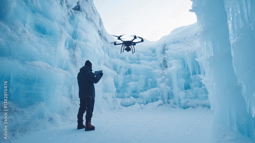 Operating Drone in Snowy Ice Cave with Icicles Man Controlling Device