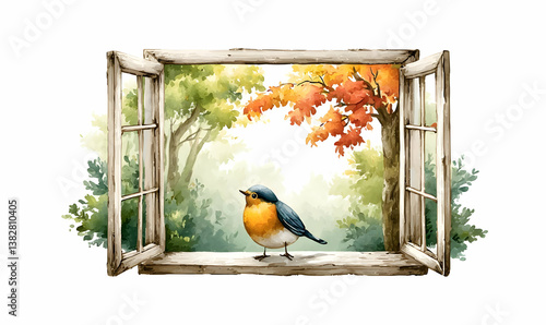 Serene View Through Open Window with Colorful Bird and Nature Scene