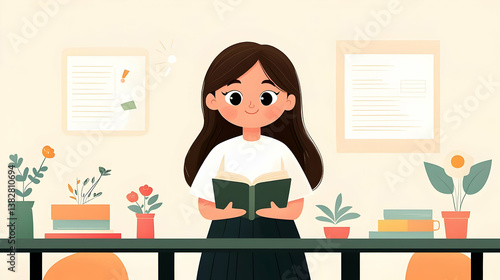 Young Girl Reading in Classroom with Plants and Illustrations