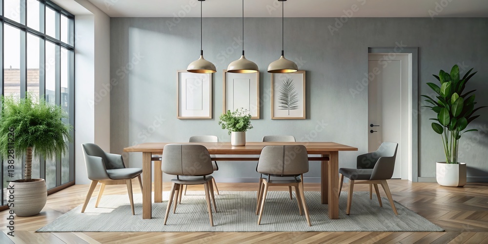 Minimalist Industrial Dining Room - Empty Frame, Modern Interior Design Stock Photo Minimalist Industrial Dining Room - Empty Frame, Modern Interior Design Stock Photo