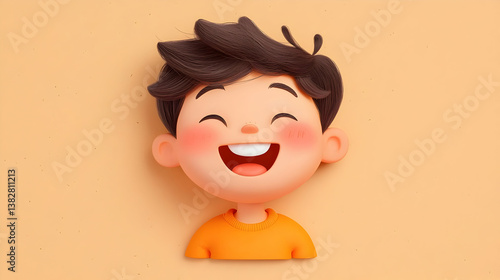 Happy Cartoon Boy Sticker with Round Head and Smiling Expression