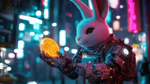 Obraz na płótnie Rabbit in Suit Holding Glowing Egg in Cyberpunk City Night w salonie