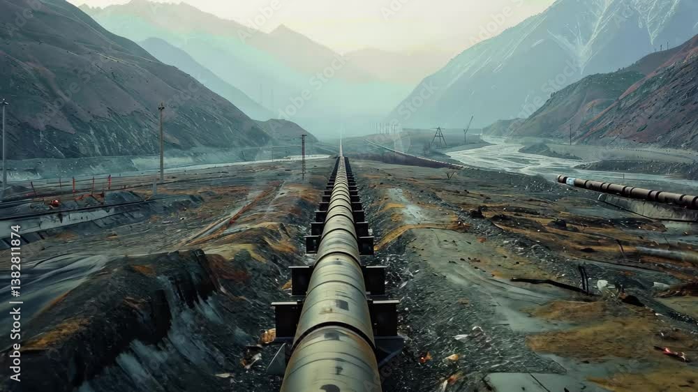 A long pipeline runs through a rugged landscape with mountains in the background, illuminated by the soft light of dawn, creating an industrial yet serene atmosphere.