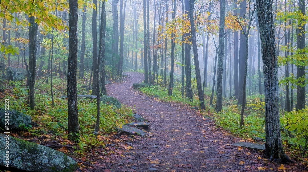 Obraz premium Foggy Forest Trail Winding Path