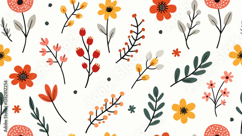 Seamless pattern with flowers, Hand drawn Flowers and branches in Scandinavian style	