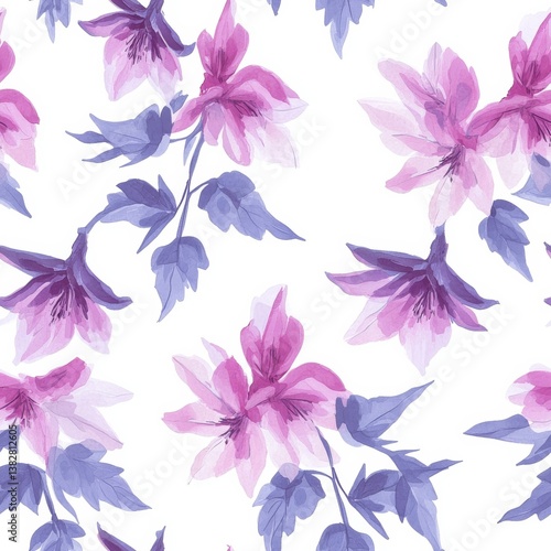 Seamless Watercolor Floral Pattern Pink Purple Flowers White Background