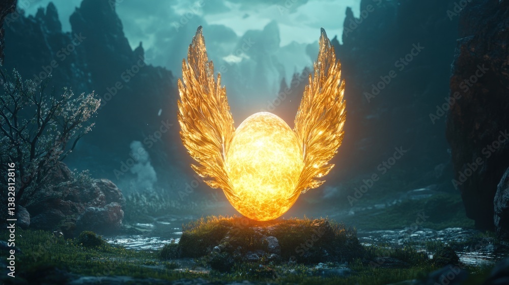 Glowing Winged Orb in a Mountainous Landscape Creates Fantasy Ambiance