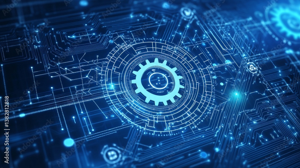 AI Digital Gears and Network Connections in Blue Technology AI Digital Gears and Network Connections in Blue Technology