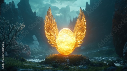 Obraz na płótnie Glowing Winged Orb in a Mountainous Landscape Creates Fantasy Ambiance w salonie