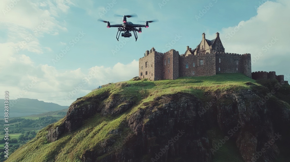 Flying Drone Near Historic Castle on Hilltop with Green Landscape