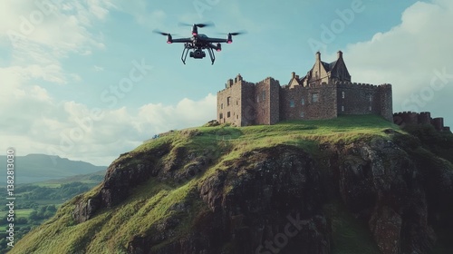 Obraz na płótnie Flying Drone Near Historic Castle on Hilltop with Green Landscape w salonie