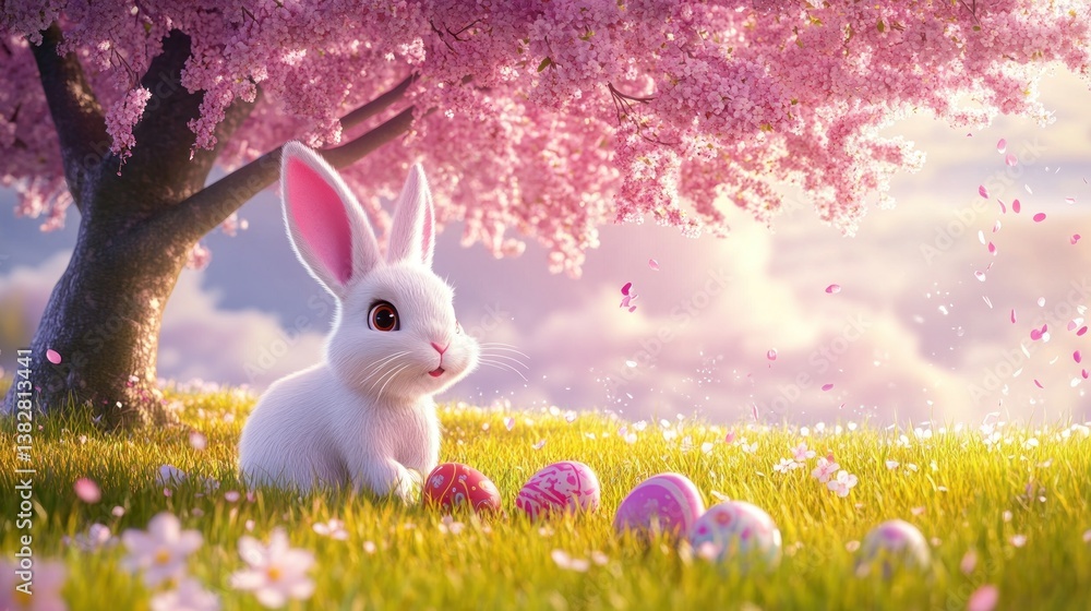 Rabbit Resting Under Blossoming Tree with Decorated Eggs on Grass