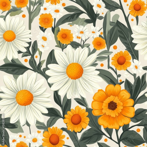 White and Orange Daisy Seamless Floral Pattern on Beige