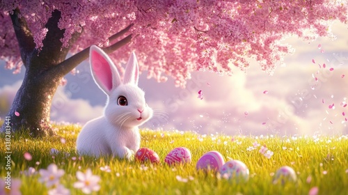 Obraz na płótnie Rabbit Resting Under Blossoming Tree with Decorated Eggs on Grass w salonie