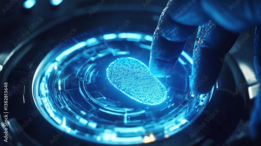 Finger Scanning Digital Security Interface with Glowing Fingerprint Technology