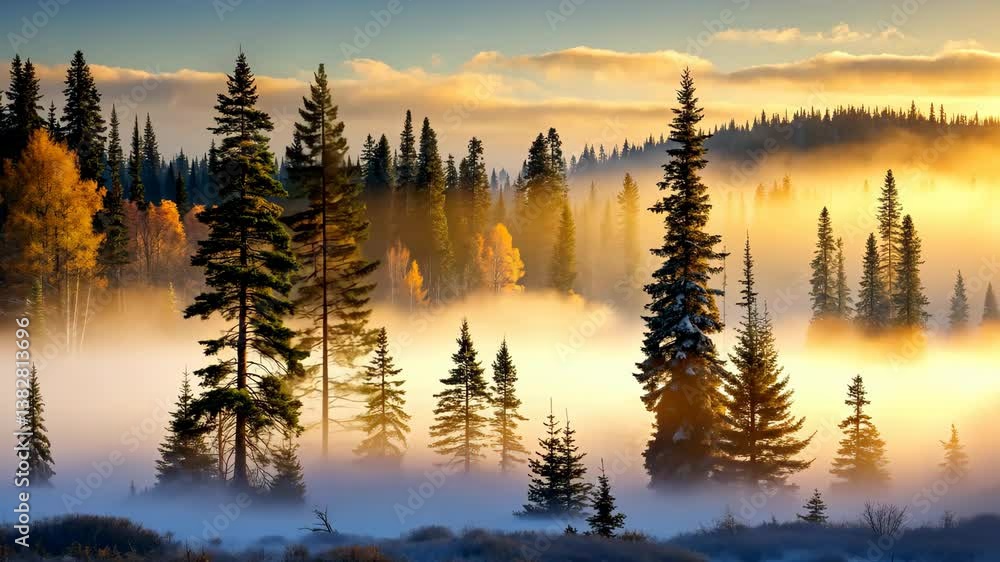 Misty Sunrise in a Coniferous Forest A Breathtaking Display of Nature's Beauty Misty Sunrise in a Coniferous Forest A Breathtaking Display of Nature's Beauty